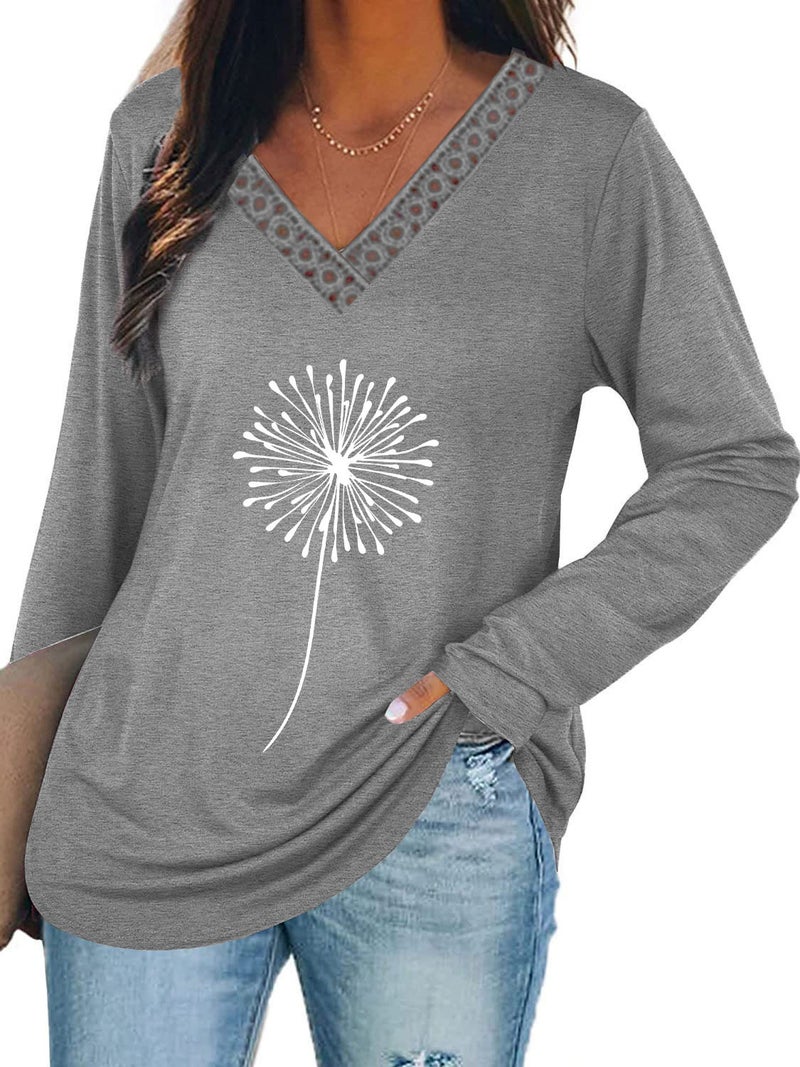Wsih Casual Women'S Clothing Dandelion Print Stitching Lace V-Neck Long Sleeve T-Shirt - Image 1