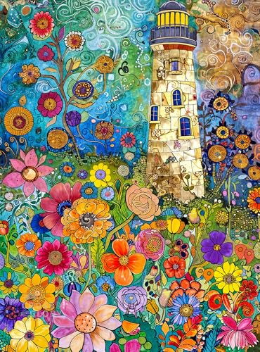 Cross & Glory Cross Glory 1000 Piece Jigsaw Puzzle for Adults Lighthouse of Dreams Whimsical Lighthouse Garden Puzzle Colorful Gustav Klimt Inspired Artwork 20x27 Inches Flower Puzzle - Image 1