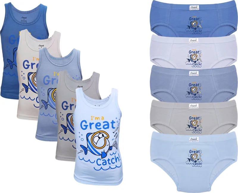 Onurel 5-Piece Fish Printed Boy Lycra Colorful Undershirt Briefs Set