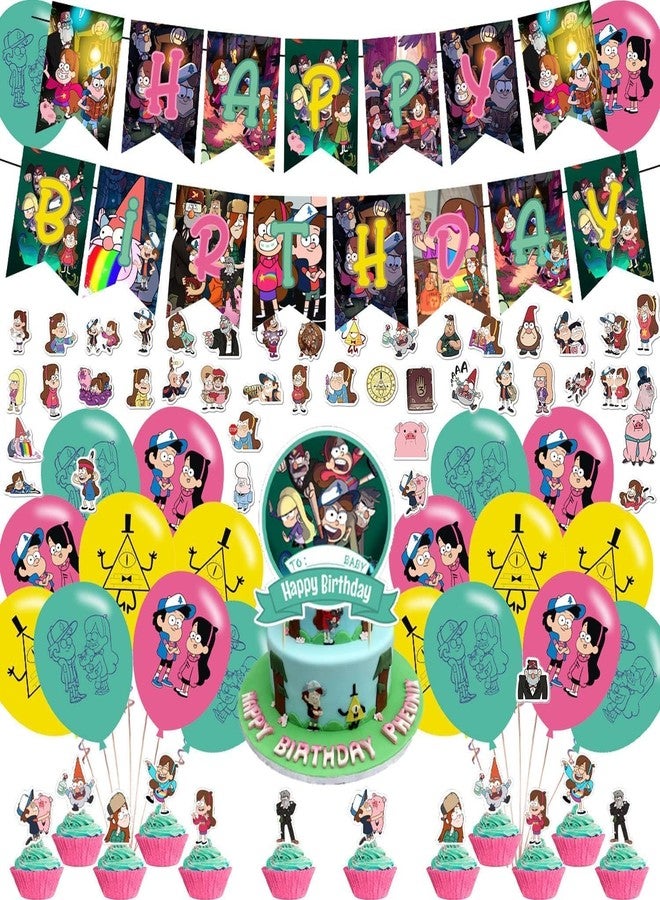 karg Falls of Gravity Party Decorations - Birthday Party Supplies - 12 Cupcake Toppers, 1 Big Cake Topper, Banner, 18 Balloons, 50 Stickers - Pink, Green, Yellow - Cartoon Theme - Image 1