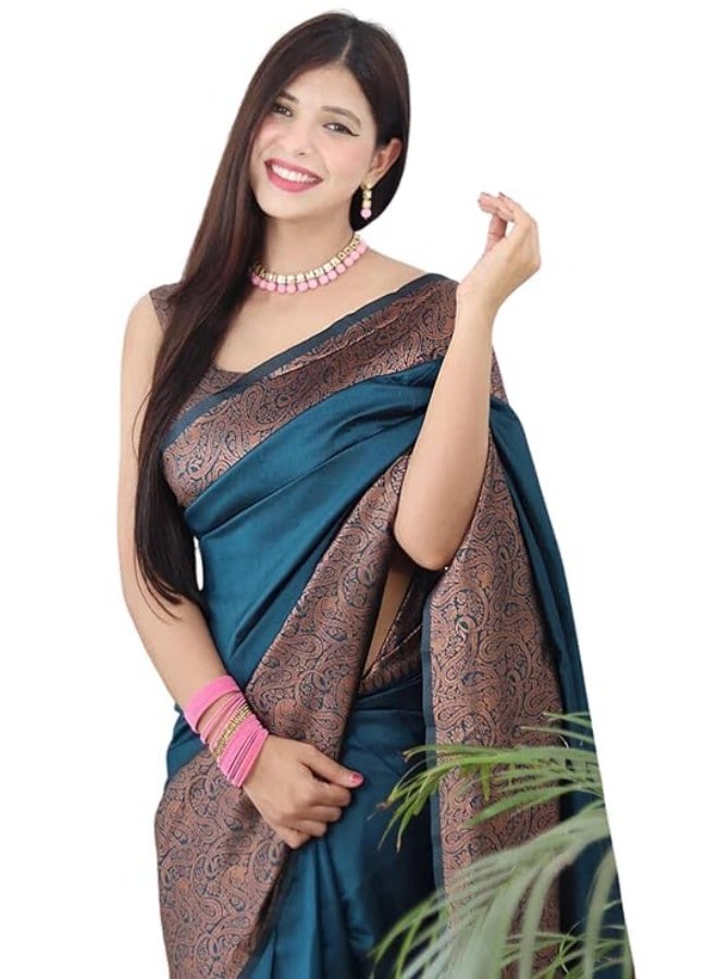 Accessorize Kingdom Women's Adorable Kanjivaram Soft Lichi Silk Saree With Blouse Piece - Image 4