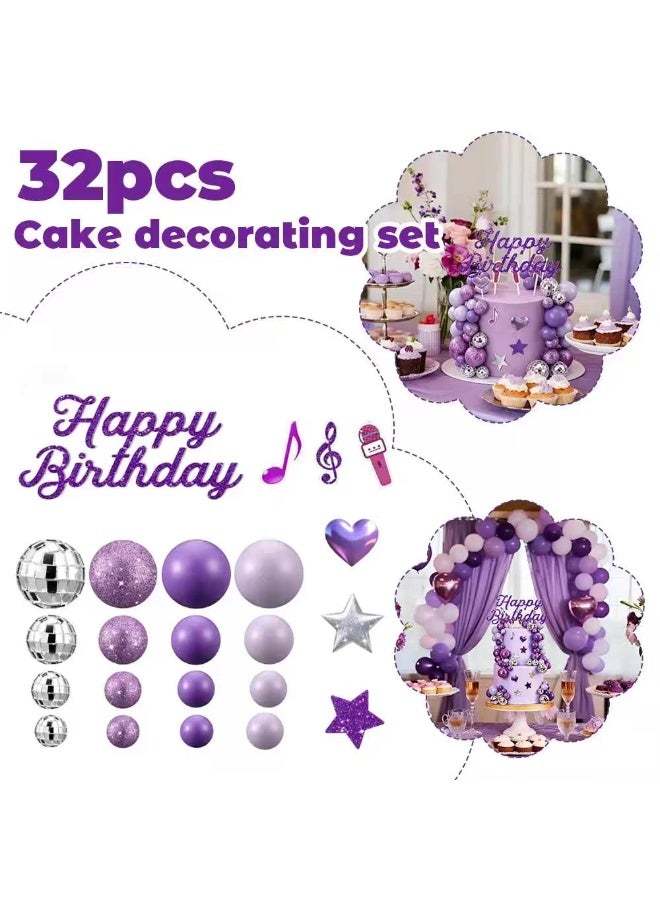 32pcs Purple Disco Ball Music Theme Cake Topper Set, Happy Birthday Sign, Disco Balls, Music Notes, Stars and Heart Picks for Girls Birthday Party - Image 3