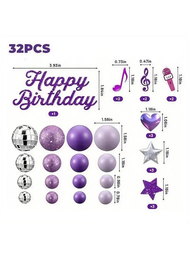 32pcs Purple Disco Ball Music Theme Cake Topper Set, Happy Birthday Sign, Disco Balls, Music Notes, Stars and Heart Picks for Girls Birthday Party - Image 2