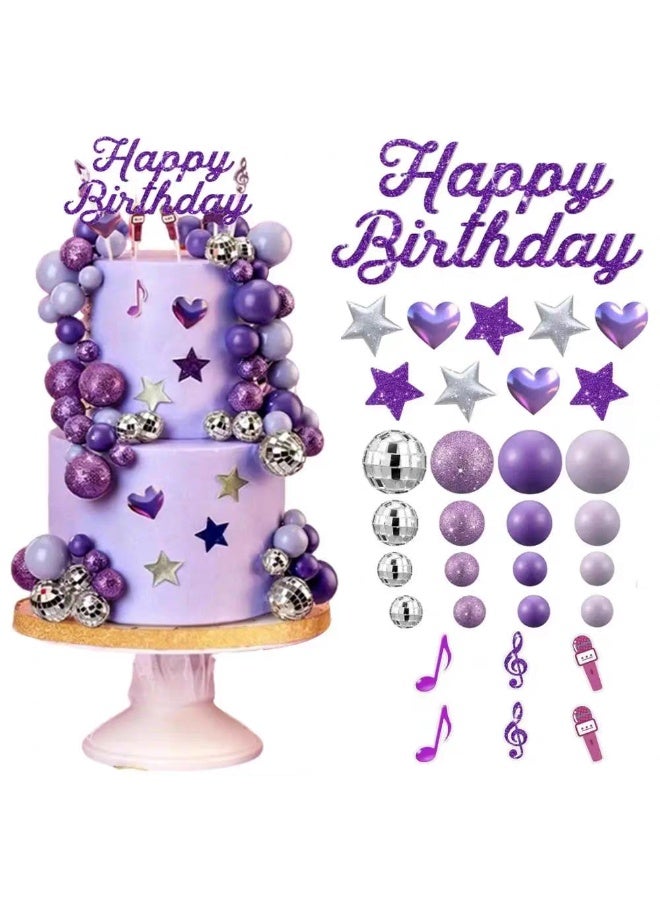 32pcs Purple Disco Ball Music Theme Cake Topper Set, Happy Birthday Sign, Disco Balls, Music Notes, Stars and Heart Picks for Girls Birthday Party - Image 4