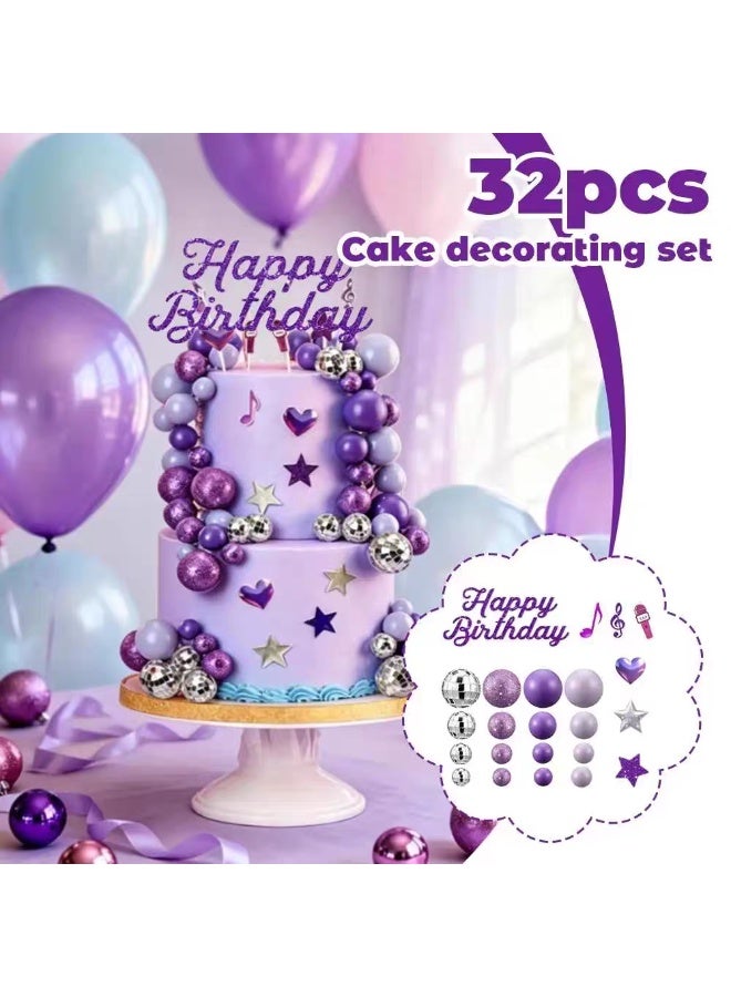 32pcs Purple Disco Ball Music Theme Cake Topper Set, Happy Birthday Sign, Disco Balls, Music Notes, Stars and Heart Picks for Girls Birthday Party - Image 1