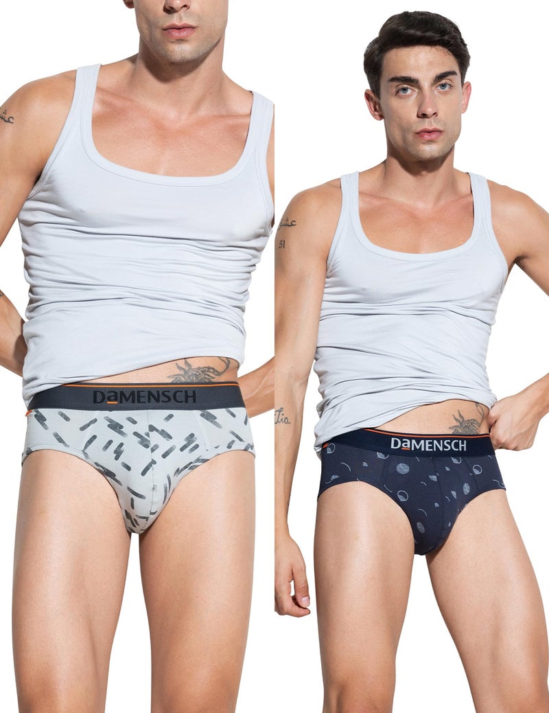 DAMENSCH Men's Regular Fit Printed Cotton Briefs Underwear| Combed Cotton, Stretchy Fabric, Anti-Bacterial and Microfibre Waistband Innerwear for Men, Briefs for Men-Blue Buzz,Stroke Gray-L - Image 1