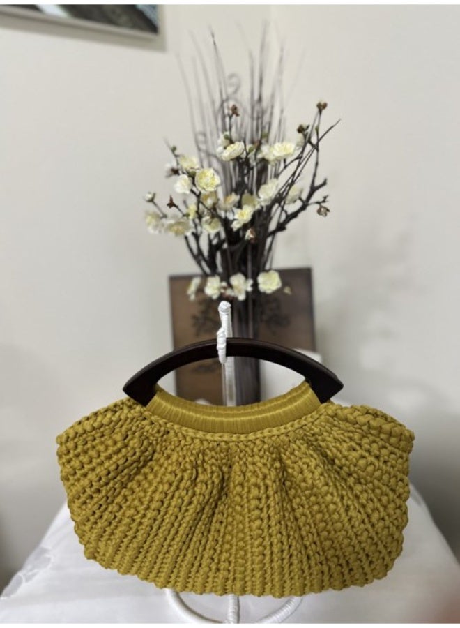 Mustard Crochet Handbag with Pleated Design and Wooden Handle