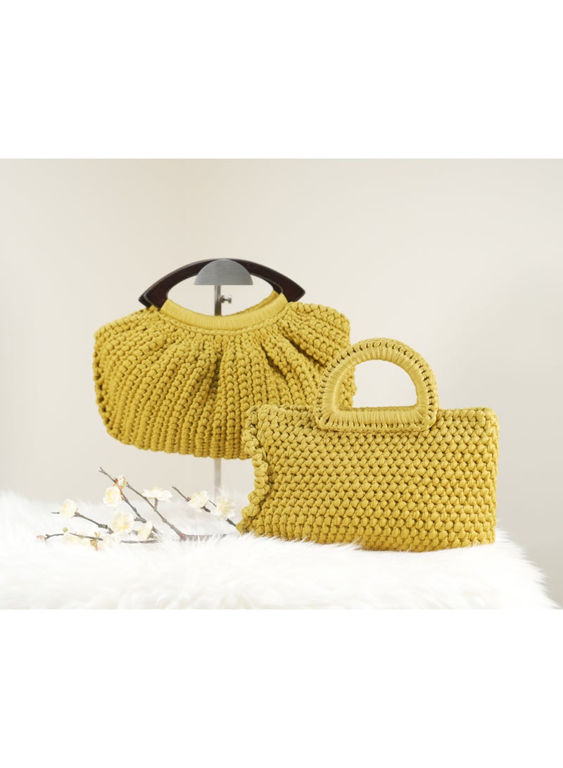 Mustard Crochet Handbag with Pleated Design and Wooden Handle