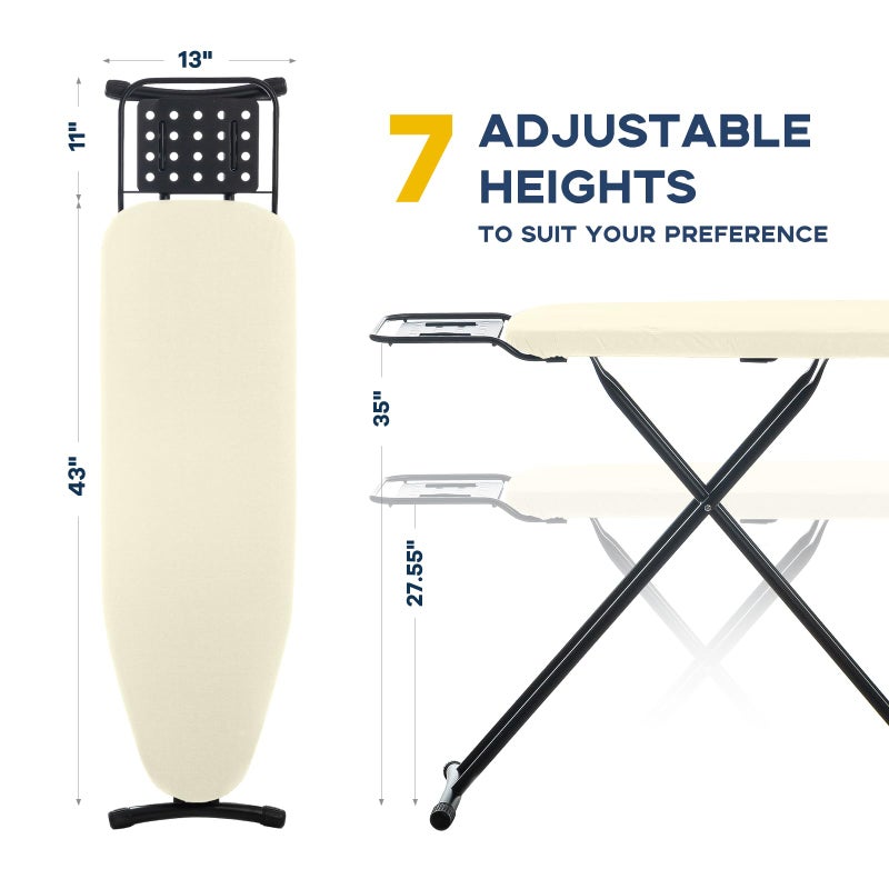 RAINHOL Ironing Board Full Size, RAINHOL Compact Iron Board with Iron Rest, Heat Resistant Cover with Ultra Thick Padding, Height Adjustable Heavy Duty for Home, Dorm, 43x13 Ivory - Image 2