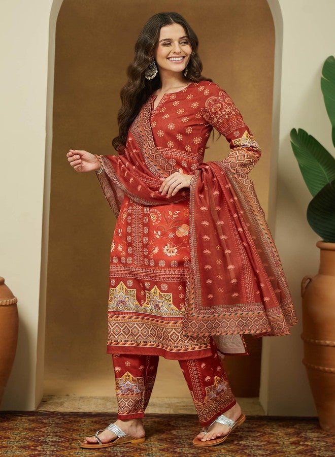 Janasya Women's Rust Orange Cotton Blend Floral Printed Pakistani Straight Kurta Set (JAC25ST02970-M) - Image 5