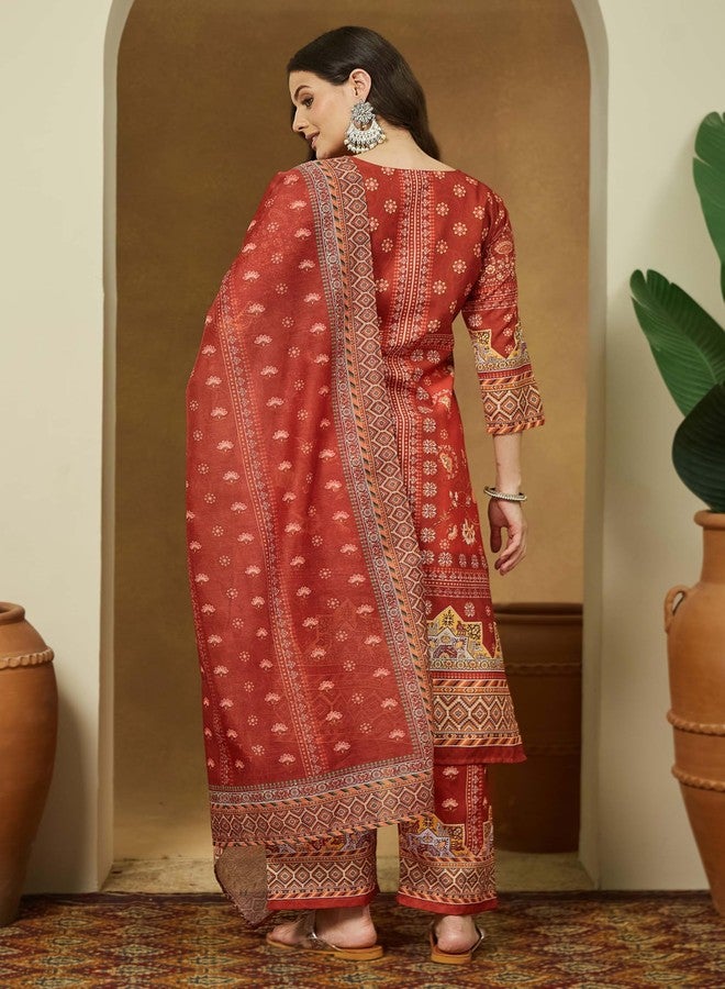 Janasya Women's Rust Orange Cotton Blend Floral Printed Pakistani Straight Kurta Set (JAC25ST02970-M) - Image 4