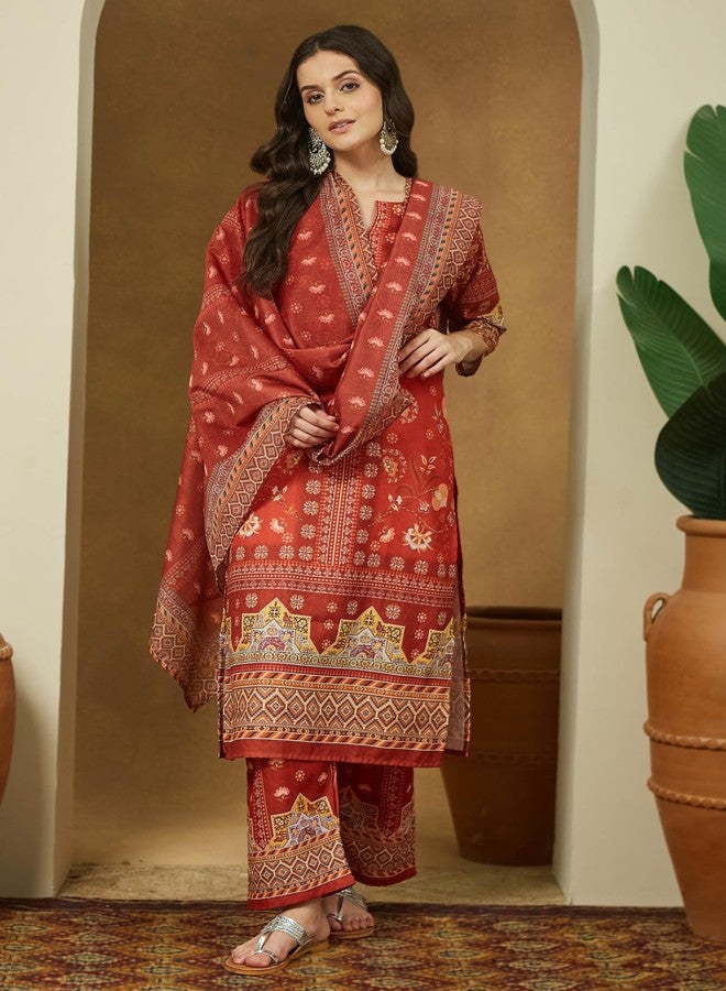 Janasya Women's Rust Orange Cotton Blend Floral Printed Pakistani Straight Kurta Set (JAC25ST02970-M) - Image 2