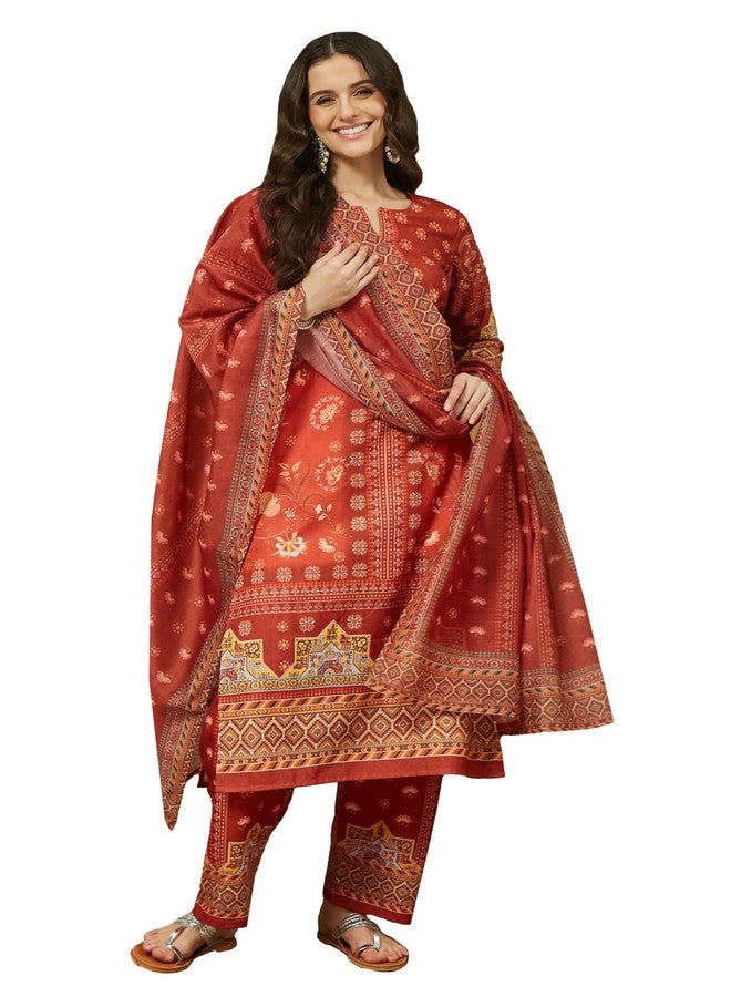 Janasya Women's Rust Orange Cotton Blend Floral Printed Pakistani Straight Kurta Set (JAC25ST02970-M) - Image 1