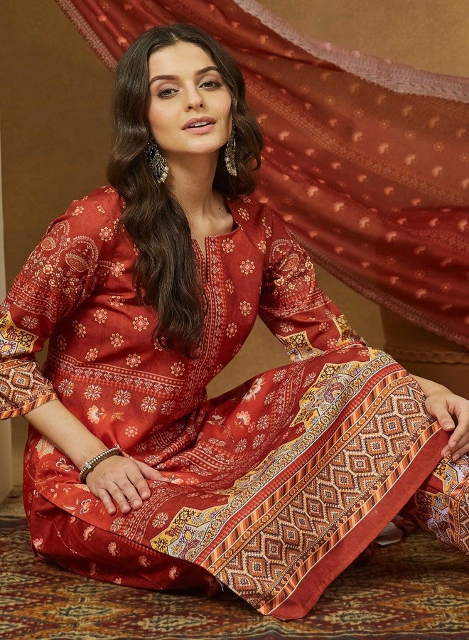 Janasya Women's Rust Orange Cotton Blend Floral Printed Pakistani Straight Kurta Set (JAC25ST02970-M) - Image 3