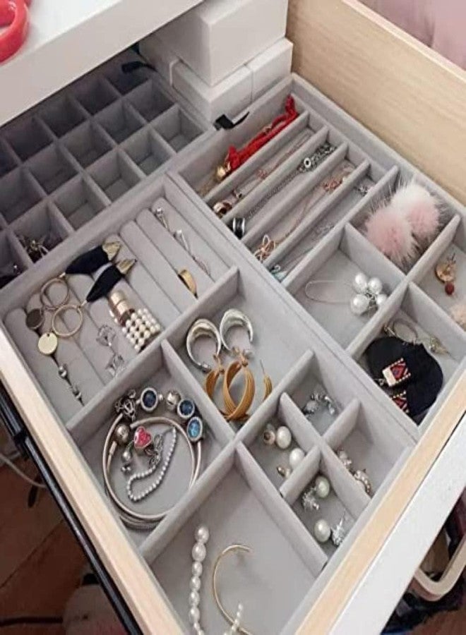 EXOFLY طقم منظم مجوهرات مخملي فاخر من إكسوفلاي مكون من 4 قطع، مناسب للأدراج، لتخزين المجوهرات، وعرضها، وإضافتها إلى خزانة الملابس، وحامل للأقراط والأساور والقلائد والخواتم (رمادي، 4 وحدات) - Image 2