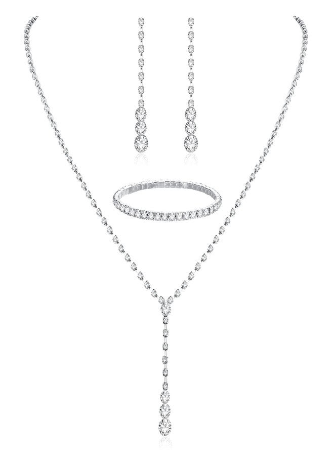 THUNARAZ Sparkled Jewelry Set for Women Silver Rhinestone Necklace Teardrop Dangle Earrings Bracelet for Bride Bridesmaid Crystal Bridal Prom Costume Jewelry Accessories for Wedding Party - Image 1
