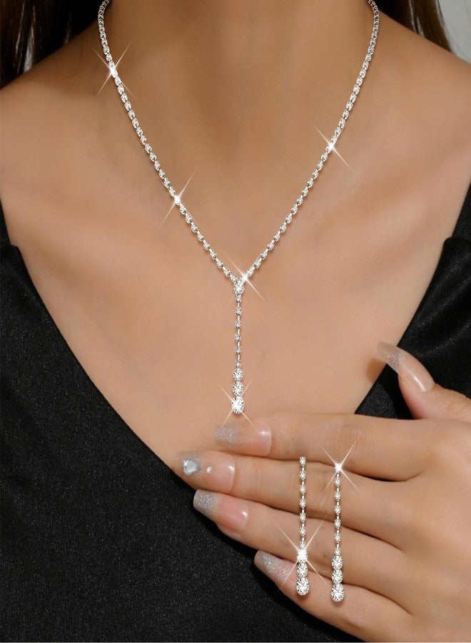 THUNARAZ Sparkled Jewelry Set for Women Silver Rhinestone Necklace Teardrop Dangle Earrings Bracelet for Bride Bridesmaid Crystal Bridal Prom Costume Jewelry Accessories for Wedding Party - Image 3