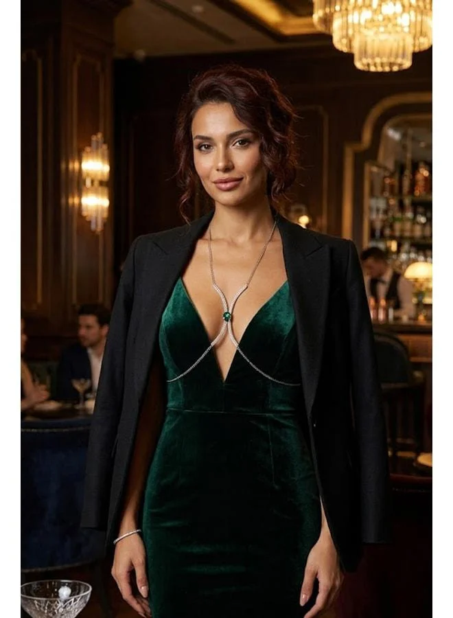 VEILLE Silver Women's Crystal Emerald Stone Detailed Chest Chain Body Jewelry Bikini Top Accessory Beach Jewelry F.