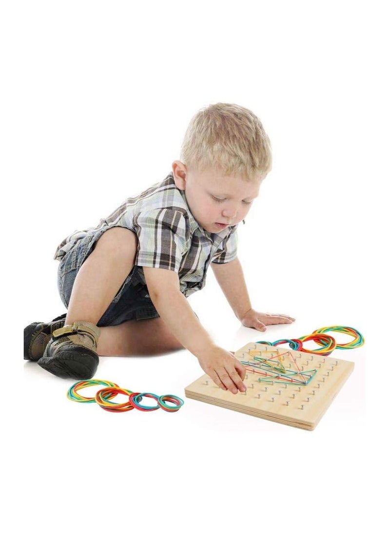 SYOSI Wooden Puzzle Matrix, Math Manipulative Material, Graphical Educational Toys with Pattern Cards and Rubber Bands Shape, for 3 4 5 Year Old Kids, STEM Puzzle Matrix 8x8 Brain Teaser Toys - Image 2