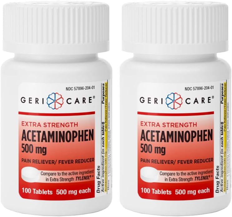 GeriCare Extra Strength Acetaminophen Pain Relief Fever Reducer Tablets, Strength 500mg Tablet | Joint, Muscle, Arthritis, Back Pain, Body Pain Relief, 100 Count (Pack of 2)