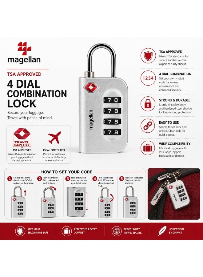 MAGELLAN TSA Approved Luggage Lock – 4 Digit Combination Travel Padlock for Suitcases & Bags, Secure and Durable Design for Airport Travel - Image 4