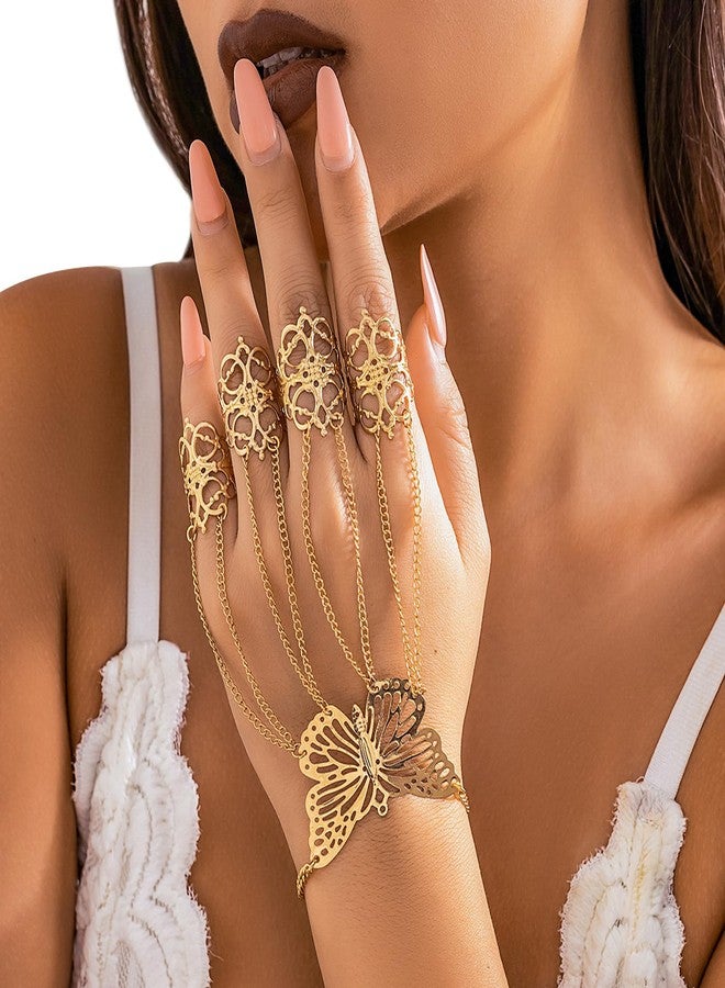 Rotaiboes Summer Punk Butterfly Finger Bracelets with Ring,Exaggerated Finger Wrist Chains Rings Bracelets Gothic Link Chain Finger Bracelet Festival Halloween Hand Chain Body Jewelry for Women (Gold) - Image 2