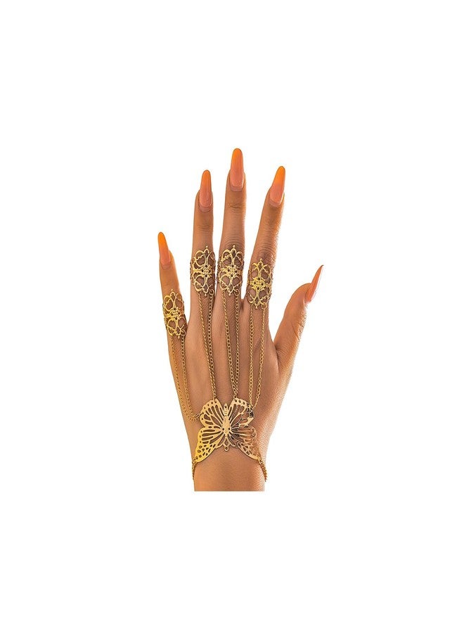 Rotaiboes Summer Punk Butterfly Finger Bracelets with Ring,Exaggerated Finger Wrist Chains Rings Bracelets Gothic Link Chain Finger Bracelet Festival Halloween Hand Chain Body Jewelry for Women (Gold) - Image 1