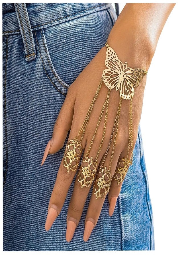 Rotaiboes Summer Punk Butterfly Finger Bracelets with Ring,Exaggerated Finger Wrist Chains Rings Bracelets Gothic Link Chain Finger Bracelet Festival Halloween Hand Chain Body Jewelry for Women (Gold) - Image 3