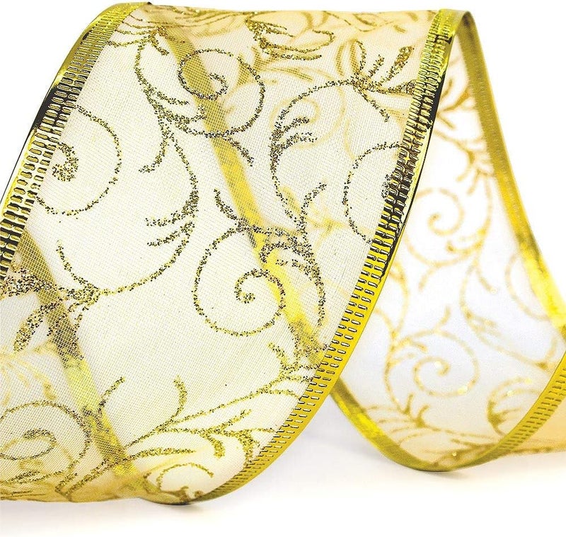 OLYPHAN Gold Wired Ribbon Sheer Glitter Organza 2.5 in Ribbon Holiday Gift Wrap Birthday Party, Wedding Gifts, Christmas – 50 Yards Large Glitter Roll - Image 3