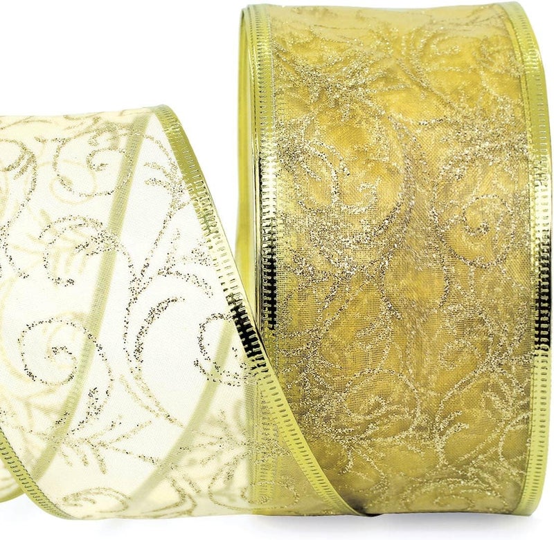 OLYPHAN Gold Wired Ribbon Sheer Glitter Organza 2.5 in Ribbon Holiday Gift Wrap Birthday Party, Wedding Gifts, Christmas – 50 Yards Large Glitter Roll - Image 1