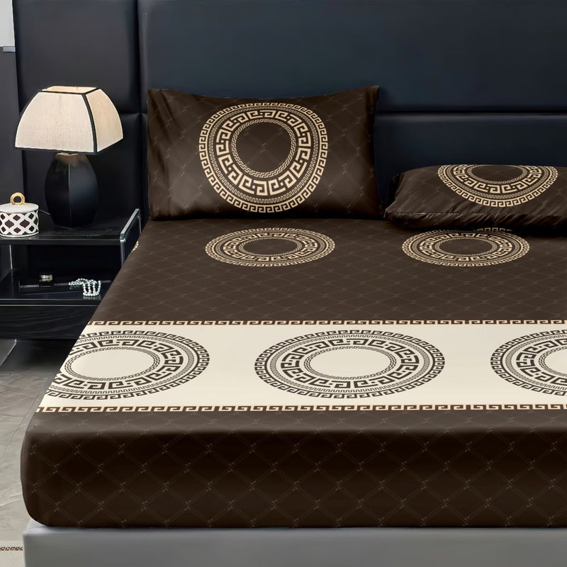 3pcs Geometric Print Fitted Sheet Set Coffee Circle Twin Size Soft Comfortable Bedding For Bedroom Guest Room Includes One Fitted Sheet Two Pillowcases - Image 4