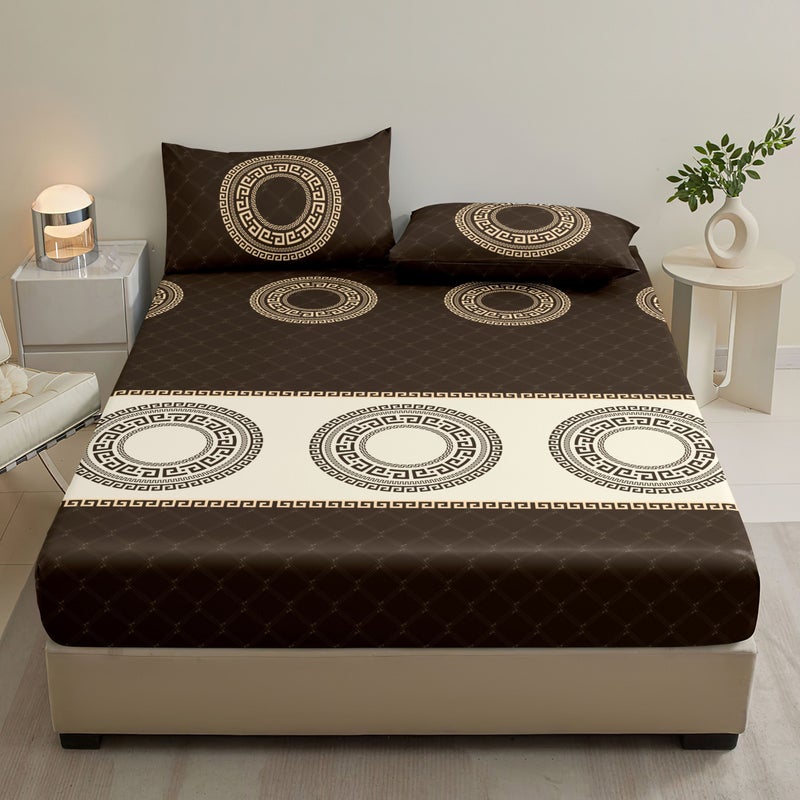 3pcs Geometric Print Fitted Sheet Set Coffee Circle Twin Size Soft Comfortable Bedding For Bedroom Guest Room Includes One Fitted Sheet Two Pillowcases - Image 2