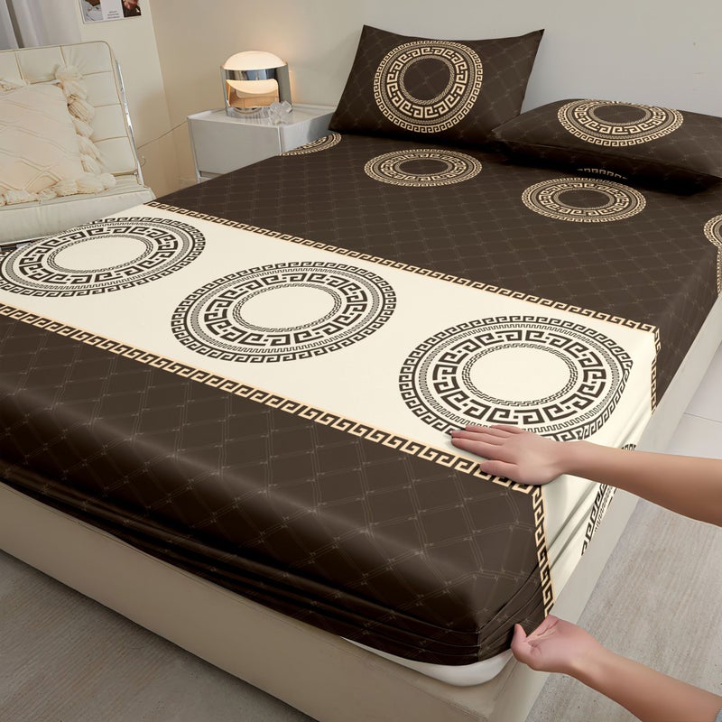 3pcs Geometric Print Fitted Sheet Set Coffee Circle Twin Size Soft Comfortable Bedding For Bedroom Guest Room Includes One Fitted Sheet Two Pillowcases - Image 1
