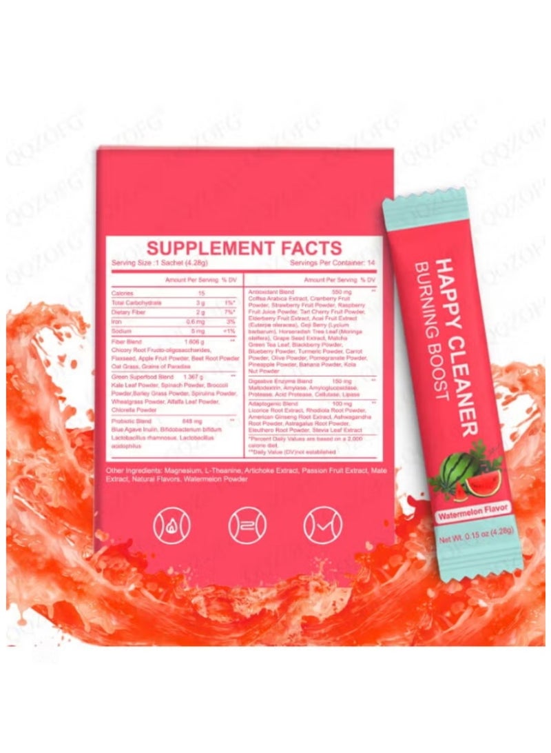 Day Wins Happy Cleaner Gut Health Superfoods Powder Single Pack Watermelon Flavor with Probiotic Prebiotic Plant-Based Fiber for Gut Balance Bloating Relief Vegan Sugar Free Drink Mix 14 Packets - Image 4