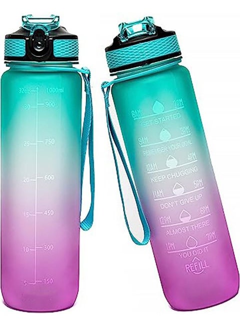 1L Motivational Water Bottle with Time Marker and Straw, BPA Free Leakproof Portable Gym Water Bottle for Fitness Outdoor Sports (Green)