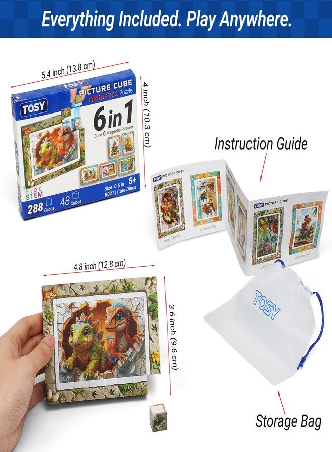 TOSY Picture Cube Cute Dino: 6-in-1 Magnetic Picture Puzzle, Easter Basket Stuffers STEM Gift for Kids & Adults, 48 Blocks, 288 Faces/Magnets, 0.6 in, B021, Seamless UV Art, Display-Ready Frame - Image 2