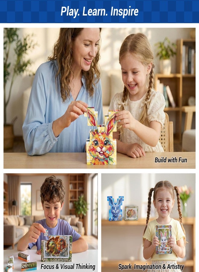 TOSY Picture Cube Cute Dino: 6-in-1 Magnetic Picture Puzzle, Easter Basket Stuffers STEM Gift for Kids & Adults, 48 Blocks, 288 Faces/Magnets, 0.6 in, B021, Seamless UV Art, Display-Ready Frame - Image 4