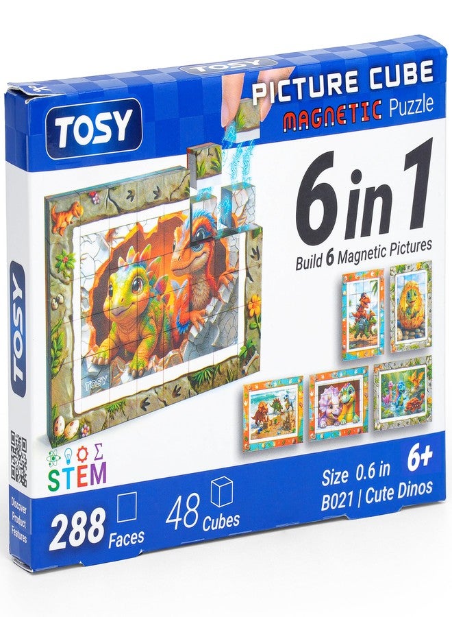 TOSY Picture Cube Cute Dino: 6-in-1 Magnetic Picture Puzzle, Easter Basket Stuffers STEM Gift for Kids & Adults, 48 Blocks, 288 Faces/Magnets, 0.6 in, B021, Seamless UV Art, Display-Ready Frame - Image 1