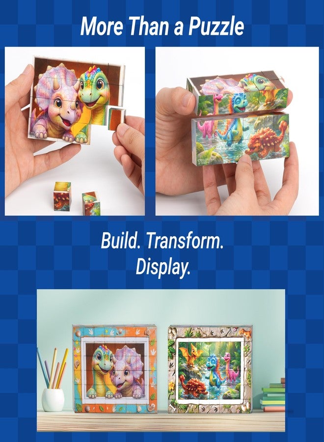 TOSY Picture Cube Cute Dino: 6-in-1 Magnetic Picture Puzzle, Easter Basket Stuffers STEM Gift for Kids & Adults, 48 Blocks, 288 Faces/Magnets, 0.6 in, B021, Seamless UV Art, Display-Ready Frame - Image 3