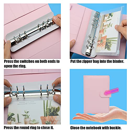 Twavang 15 PCS A6 Binder Pockets with PU Leather Notebook Binder Cover Refillable 6 Round Ring Binder Set for Personal Planner Organizer, Budget Binder, Savings Binder (Light Pink) - Image 4