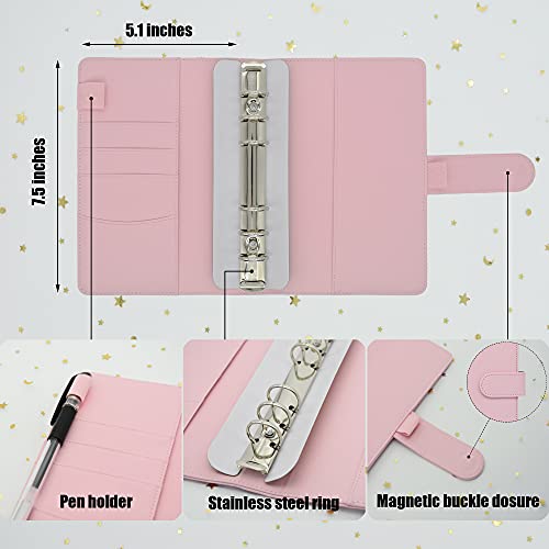 Twavang 15 PCS A6 Binder Pockets with PU Leather Notebook Binder Cover Refillable 6 Round Ring Binder Set for Personal Planner Organizer, Budget Binder, Savings Binder (Light Pink) - Image 2