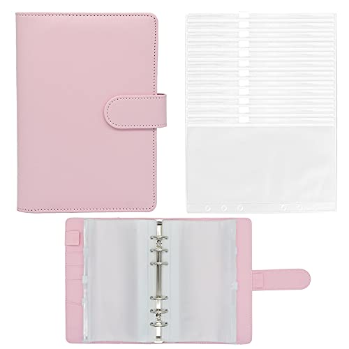 Twavang 15 PCS A6 Binder Pockets with PU Leather Notebook Binder Cover Refillable 6 Round Ring Binder Set for Personal Planner Organizer, Budget Binder, Savings Binder (Light Pink) - Image 1