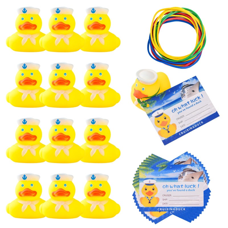 Ychelhr 36 Pack Duck Tag Cruise Kits Includes 12pcs Rubber Sailing Ducks, 12pcs Ducks Tags and 12pcs Rubber Bands for Cruise Ships Hiding Carnival Ducking Car Party Carnival Decor Supplies - Image 1