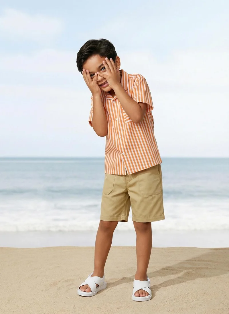 Nautinati Nautinati Boys Orange Striped Oversized 100% Cotton Resort Shirt and Twill Shorts Clothing Set