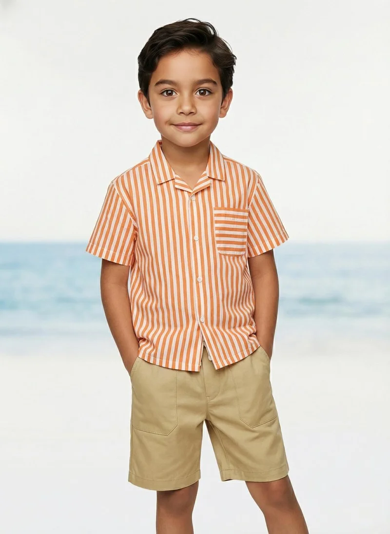 Nautinati Nautinati Boys Orange Striped Oversized 100% Cotton Resort Shirt and Twill Shorts Clothing Set