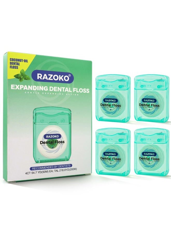 RAZOKO Coconut Oil Dental Floss Expanding Dental Floss (55 Yards, 4 Count) - Mint Flavor - Image 1
