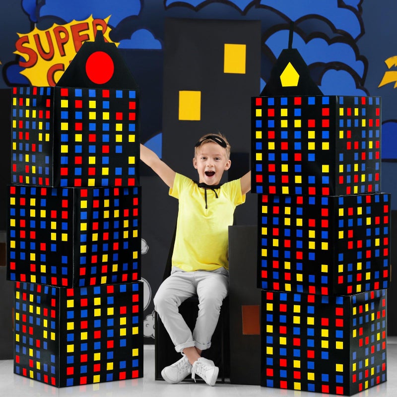 Weekgrat 6 Pcs Large Hero Party Favor Boxes 11 Inch Skyscraper City Gift Hero Theme Candy Treat Boxes City Skyline Buildings Heroes Centerpiece for Boys Girls Birthday Party Decoration (Multicolor) - Image 4