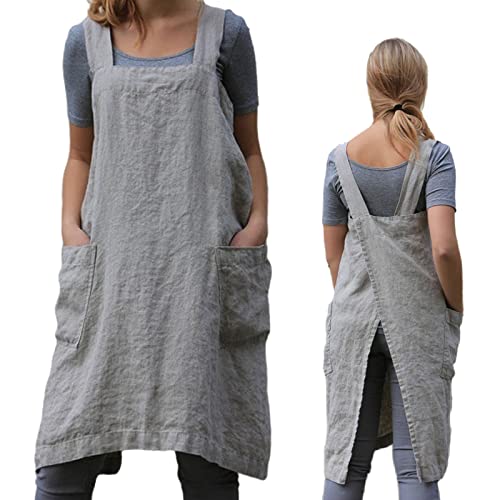 ZQFFB Pinafore Cross Back Apron for Women with Pockets Japanese Smock for Work Gardening Cooking Painting Baking - Image 1