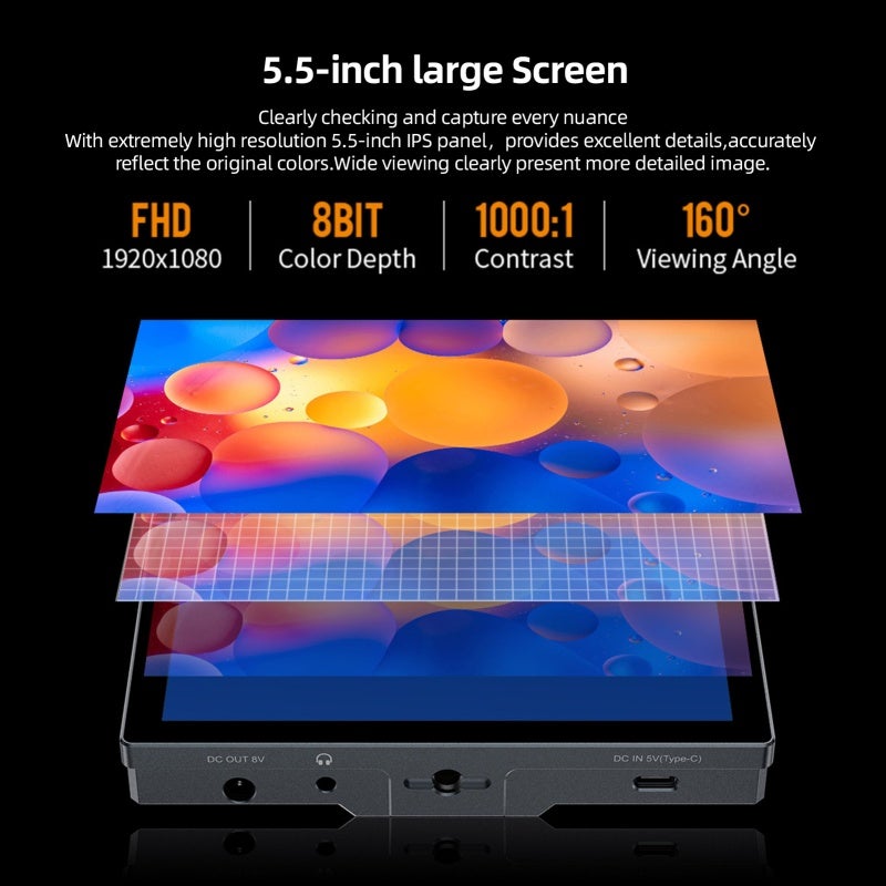 Camera Field Monitor: 5.5 Inch 1920*1080 IPS Panel - High Speed 4K HDMI Transmission Touch Control & Custom Shortcut Buttons - 3D LUT HDR Waveform Monitoring for DSLR Photographers Vertical Screen Pla - Image 4