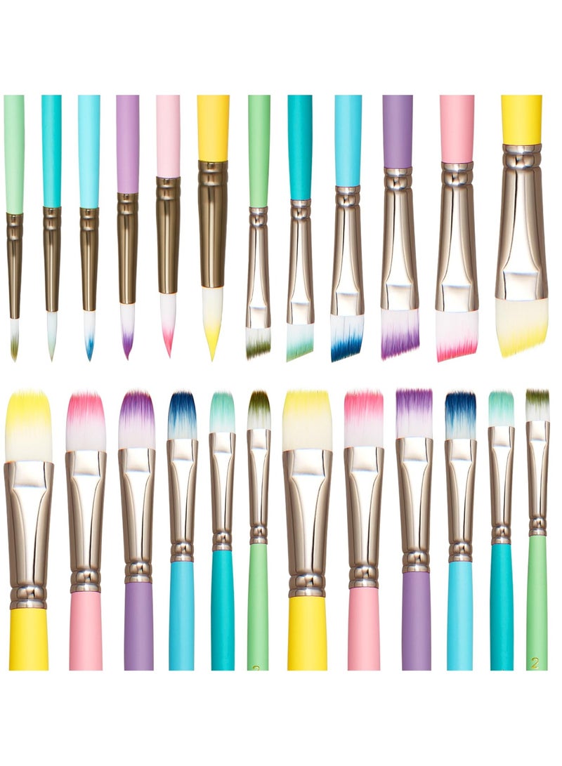 SYOSI 24 Pcs Macaroon Color Paint Brush Set, Bulk Variety with 4 Shapes in Different Sizes, Nylon Hair Brushes for Acrylic, Oil, Watercolor Painting, Ideal for Kids, Drawing Supplies - Image 1